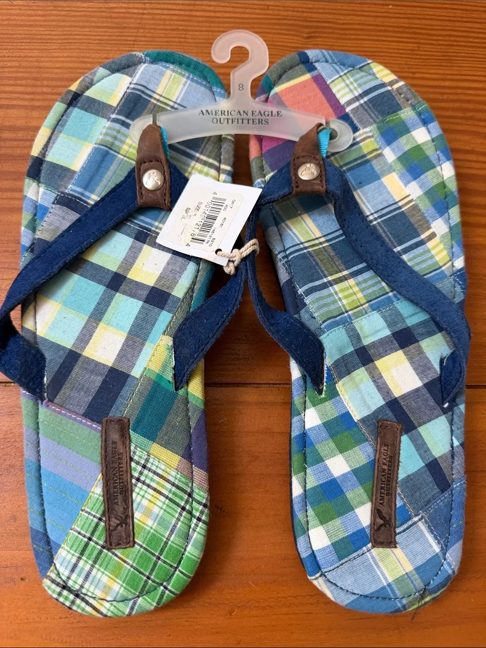 American Eagle Outfitters Blue Suede and Plaid Fabric Flip Flops, NWT, size 8